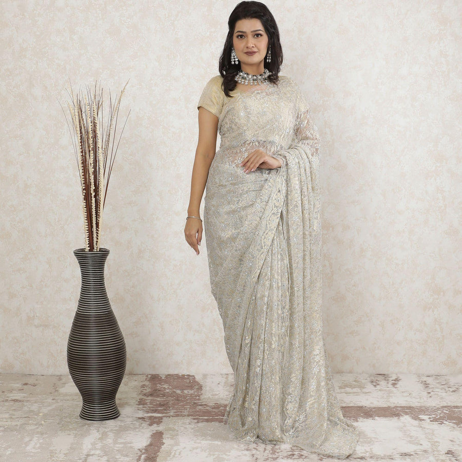 Off white, gold, silver Premium Pure metallic French chantilly lace saree having stone work in floral design-D13473