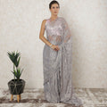 Light Lavender, gold, silver Premium pure metallic French chantilly saree lace having stone work in floral design-D12575
