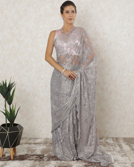 Light Lavender, gold, silver Premium pure metallic French chantilly saree lace having stone work in floral design-D12575