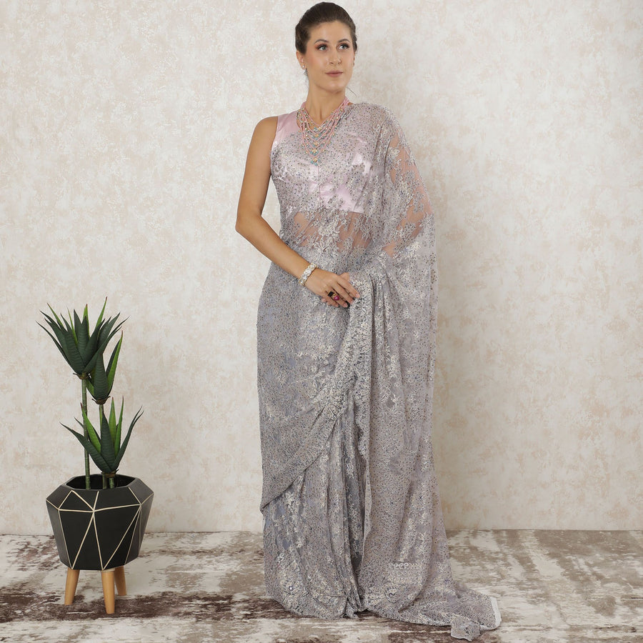 Light Lavender, gold, silver Premium pure metallic French chantilly saree lace having stone work in floral design-D12575
