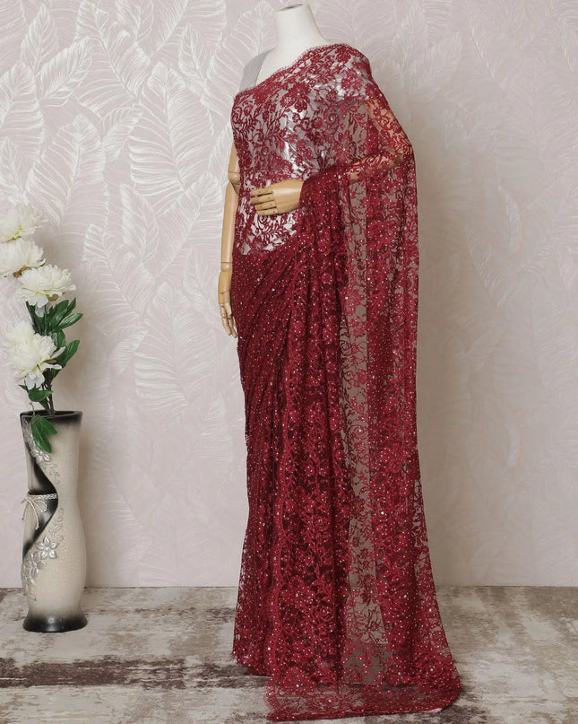 Crimson red Premium pure French chantilly lace saree having stone work in floral design-D14594 Regal Fabrics