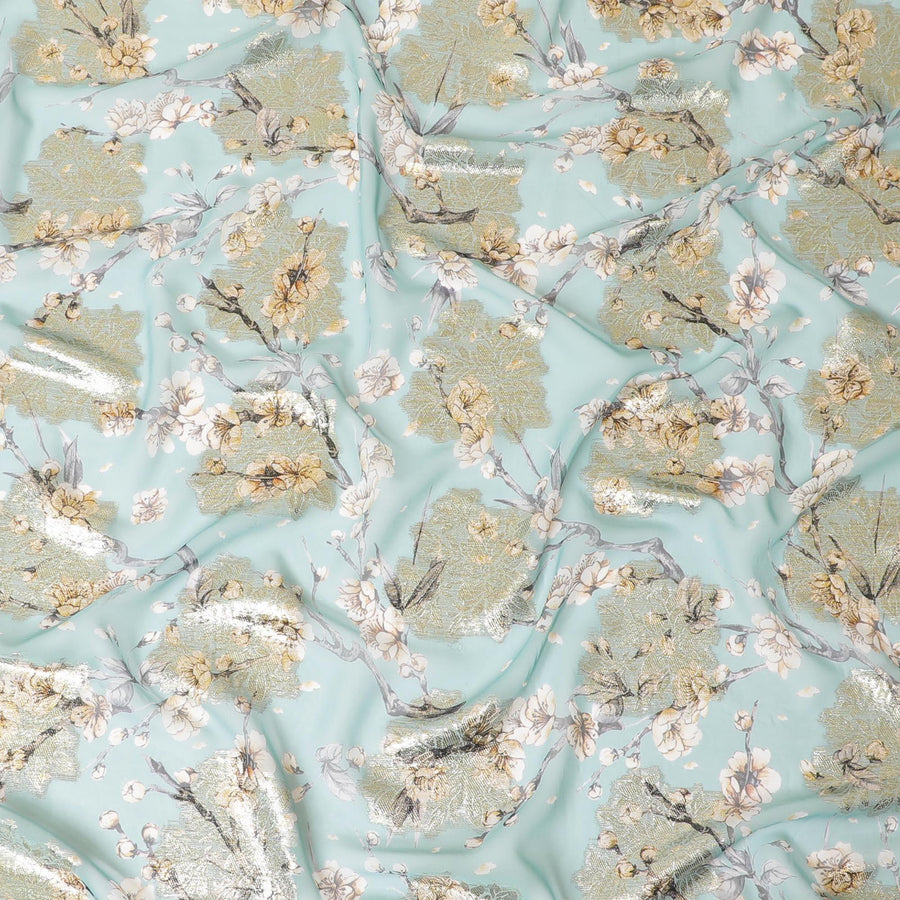 قماش شيفون صناعي أخضر فيستا مع طباعة متعددة الألوان مع لوريكس معدني ذهبي بتصميم زهور -D8313
