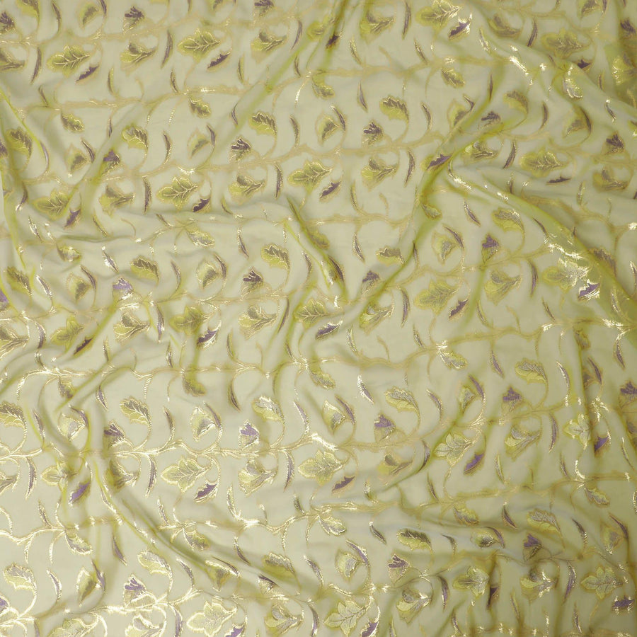 Sage green premium pure silk chiffon fabric with same tone, purple viscose having gold metallic lurex in floral design-D13189