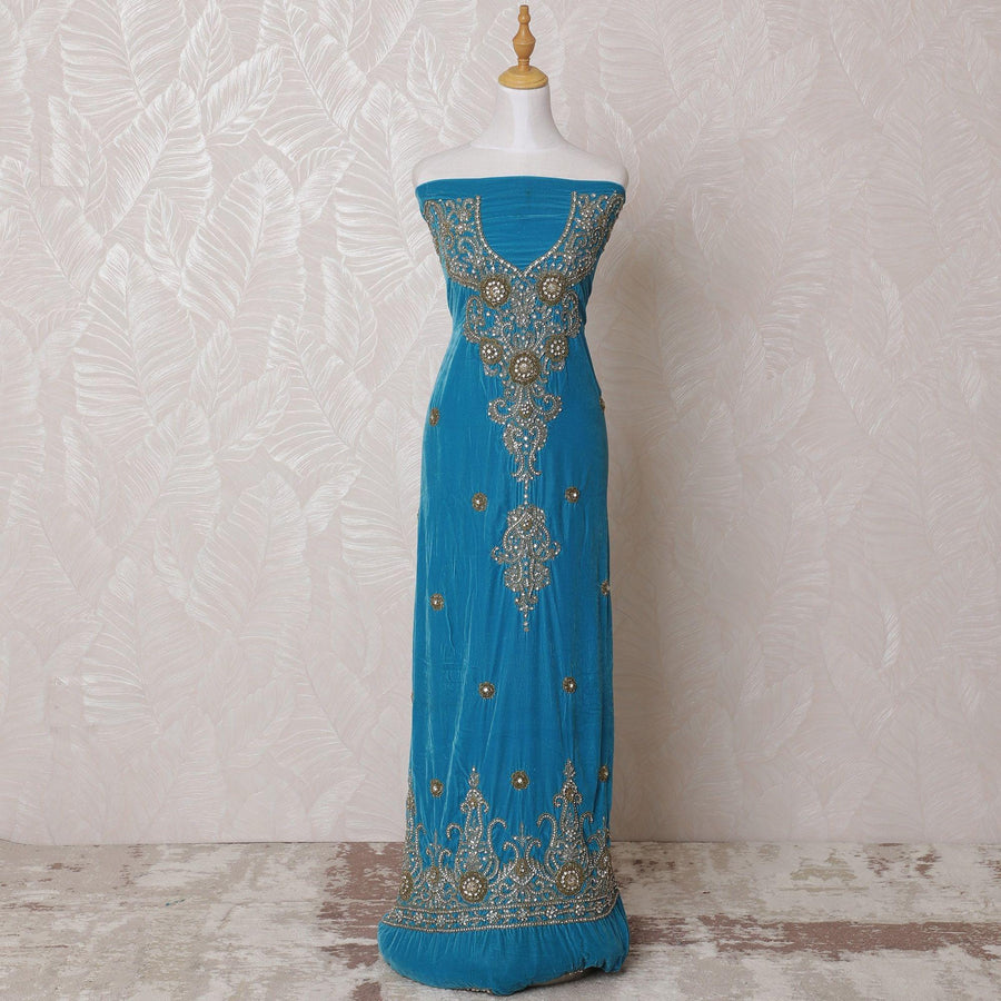 Steel blue silk blended velvet fabric with gold bead embroidery having stone work in floral design-D14715