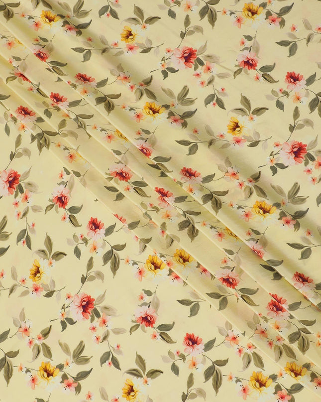 Banana yellow Premium pure silk crepe fabric with multicolor print in floral design-D13862