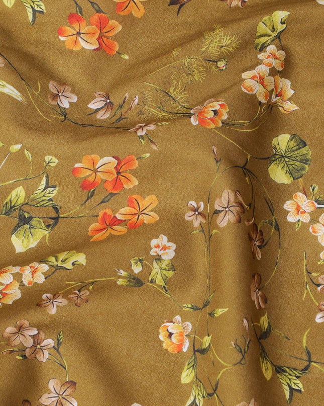 Olive green cotton lawn fabric with multicolor print in floral design-D15263 Regal Fabrics