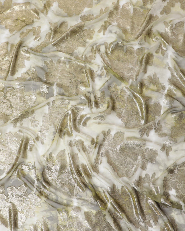 قماش شيفون حريري فرنسي (فرنساوي) فاخر باللون الأخضر الزيتوني والبيج مع لوركس معدني ذهبي بتصميم زهور -D14119