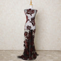 Black nylon tulle fabric with maroon velvet flock having stone work in fancy design-D11813