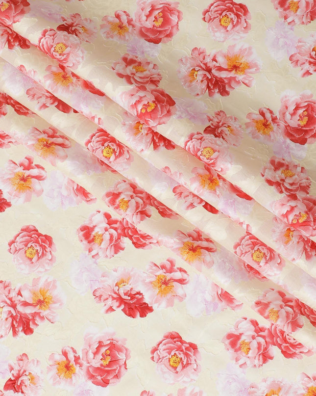 Light beige uragiri cotton voile fabric with same tone jacquard having scarlet red, light pink and mustard yellow print in floral design-D10576