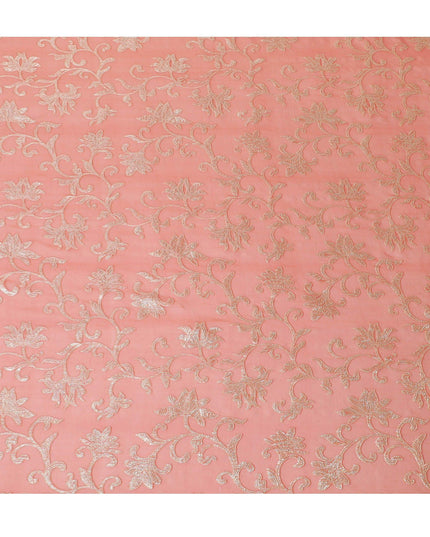 قماش شيفون من الحرير الخالص باللون البرتقالي اليوسفي مع لوريكس معدني ذهبي بتصميم زهور - D14150