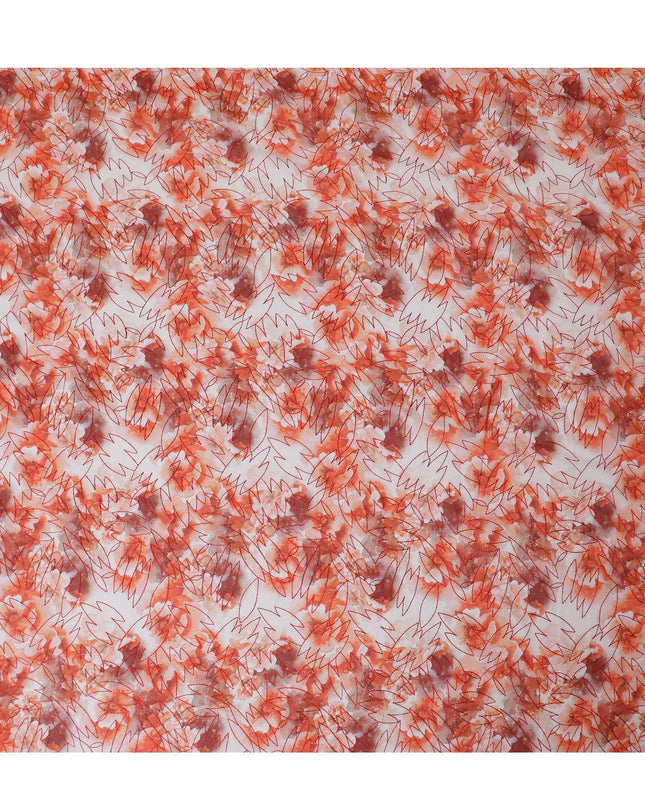 قماش فوال من القطن الخالص باللون الأبيض الفاتح مع طباعة برتقالية وتطريز بنفس اللون بتصميم فاخر-D13254