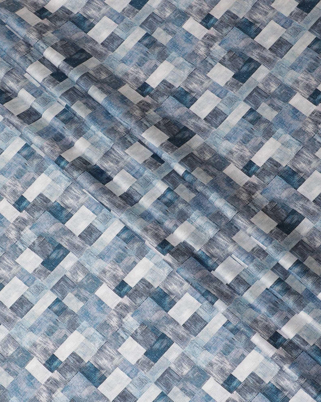 قماش ساتان قطني بيج فاتح مع طباعة باللونين الأسود والأزرق بتصميم تجريدي-D11915