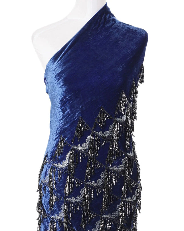 Royal blue silk blended velvet fabric with black embroidery having black and silver sequins in fancy design-D6085 Regal Fabrics
