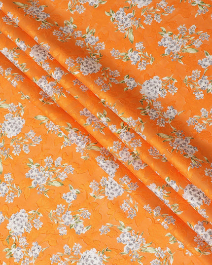 Orange uragiri cotton voile fabric with same tone jacquard grey, black and olive green print in floral design-D14326