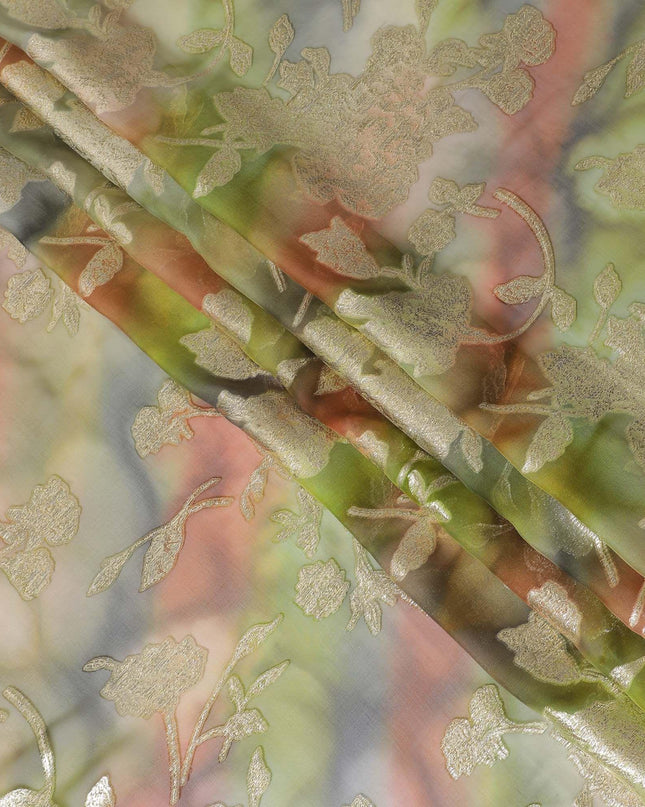 شيفون من الحرير الخالص متعدد الألوان مع لوريكس معدني ذهبي بتصميم الأزهار-D11378