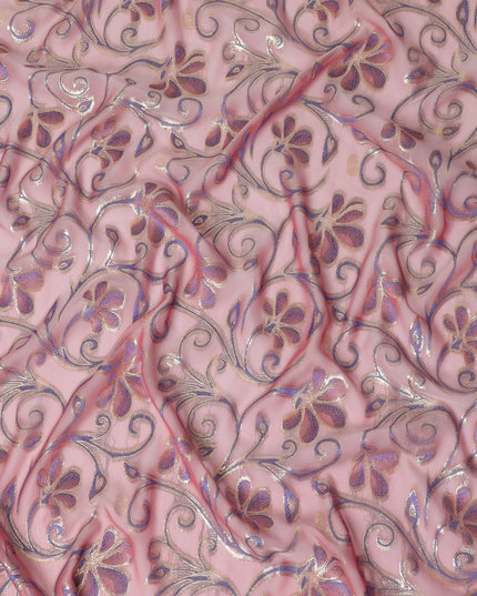Hot pink Premium pure changent silk chiffon fabric with same tone, blue viscose having gold metallic lurex in floral design-D14643