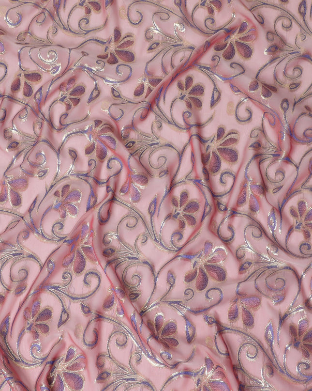 Hot pink Premium pure changent silk chiffon fabric with same tone, blue viscose having gold metallic lurex in floral design-D14643