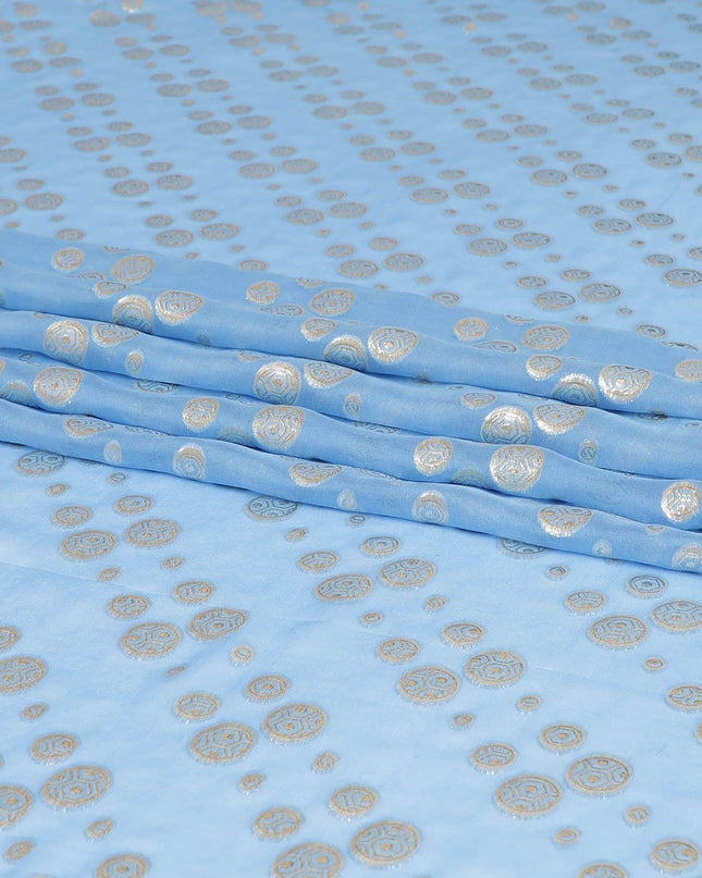 قماش كارولينا من الشيفون الحريري الأزرق مع اللوريكس المعدني الذهبي والفضي بتصميم منقط -D7292