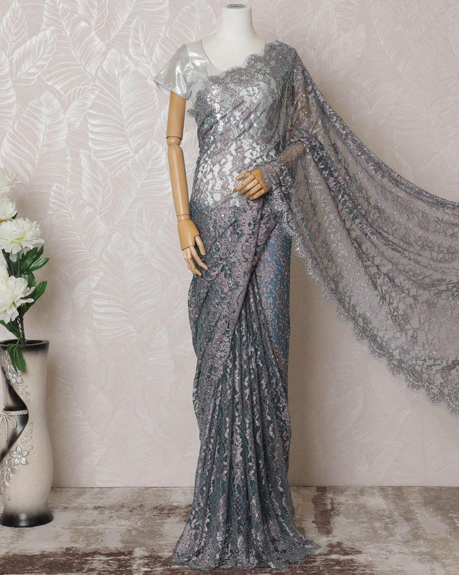 Teal blue, baby pink Premium pure French two tone chantilly lace saree having stone work and outline lurex in floral design-D14544