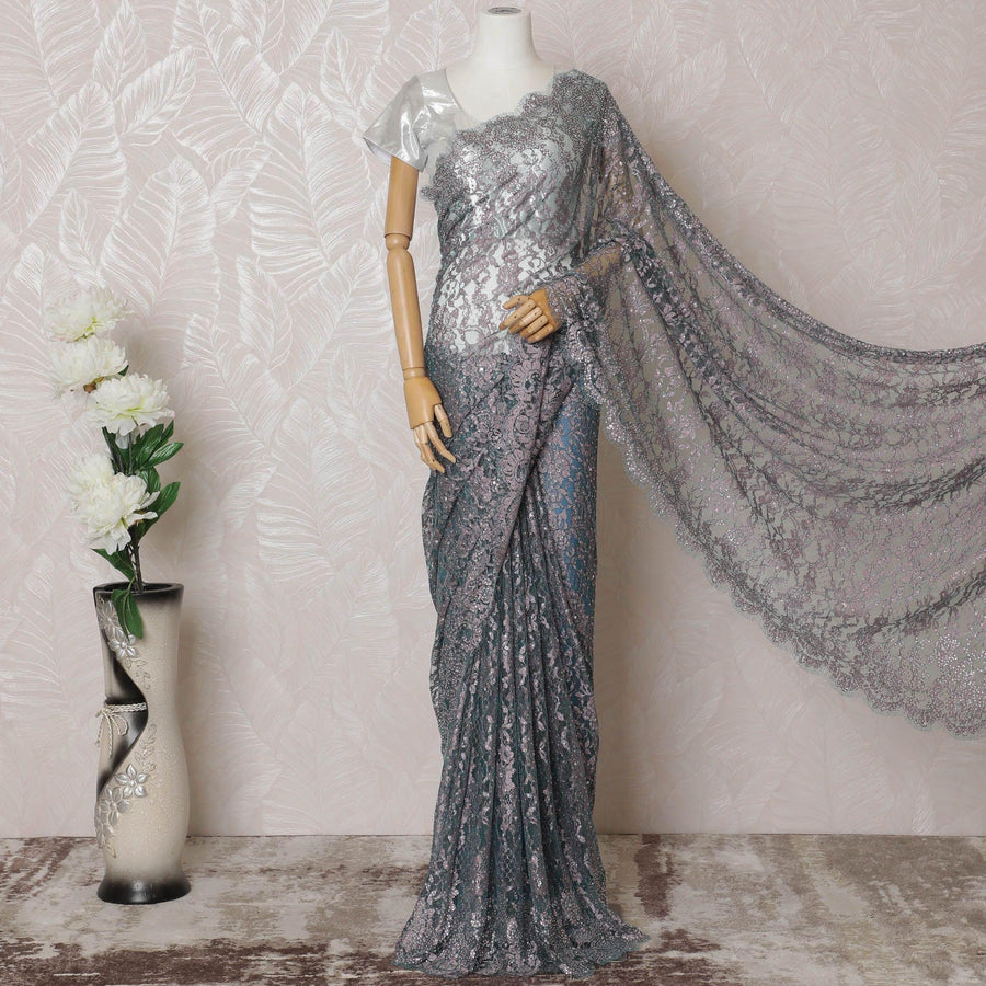 Teal blue, baby pink Premium pure French two tone chantilly lace saree having stone work and outline lurex in floral design-D14544