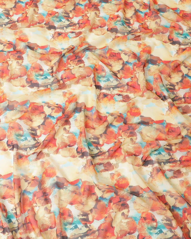 Blonde yellow cotton voile fabric with orange, brown and turquoise blue print in fancy design-D6758