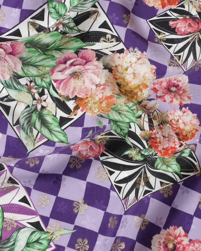 Light lavender, purple Premium pure Italian silk satin fabric with multicolor print having gold metallic lurex in floral design-D10592