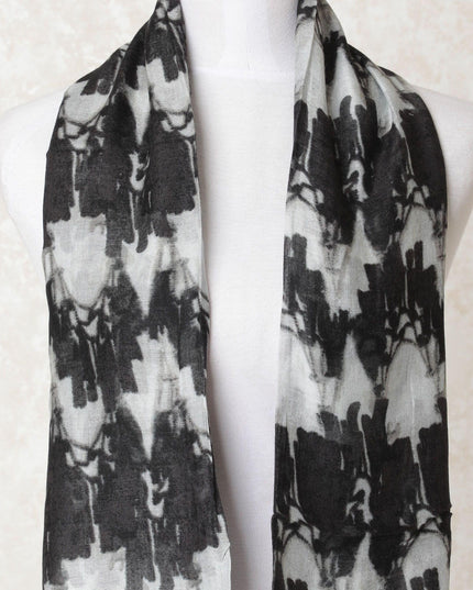 Black poly cotton scarf with cloud grey print in abstract design-D10701