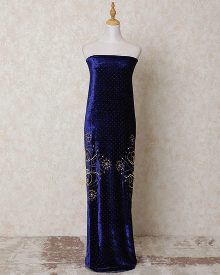 Royal blue silk blended velvet fabric with pearl work and stone work in floral design-D14418