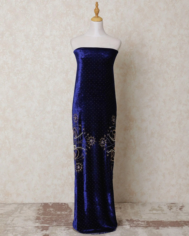 Royal blue silk blended velvet fabric with pearl work and stone work in floral design-D14418 Regal Fabrics