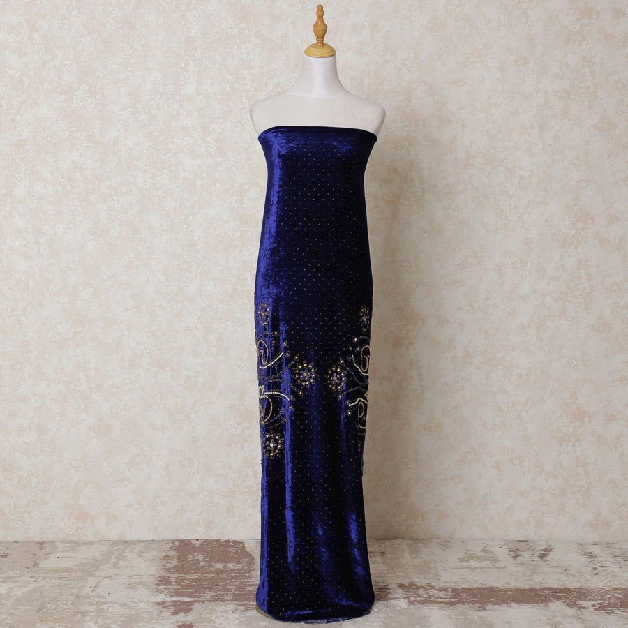 قماش مخملي مخلوط من الحرير الأزرق الملكي مع أعمال اللؤلؤ والحجر بتصميم الأزهار-D14418