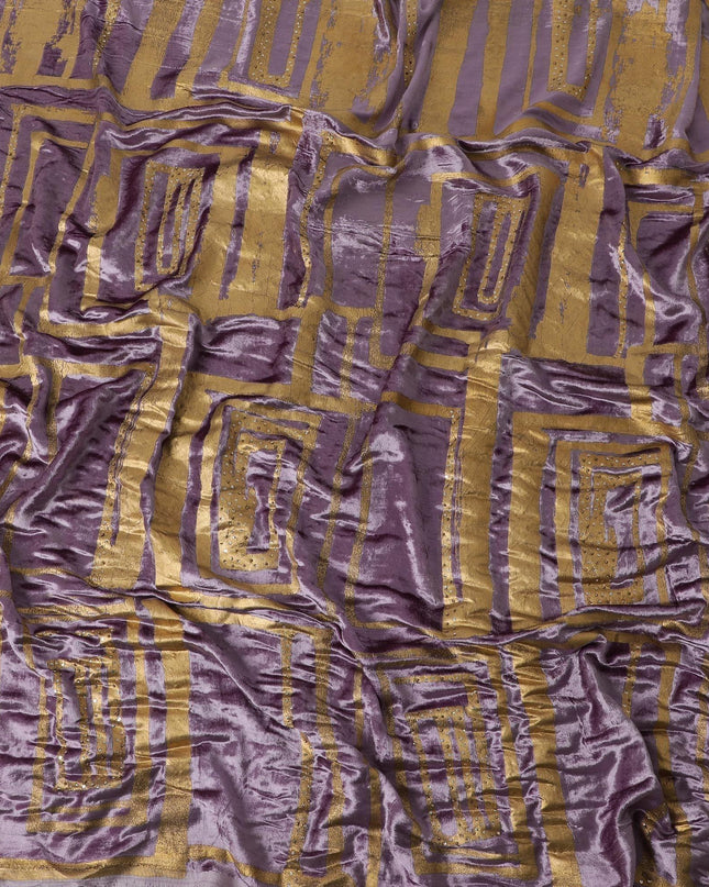 Mauve purple Rayon velvet fabric with metallic gold paint and silver sequins in geometric design