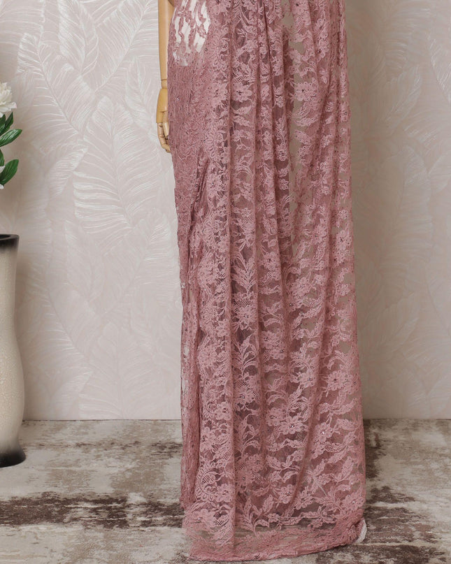 Salmon pink Premium pure French chantilly lace saree having stone work in floral deisgn-D14599