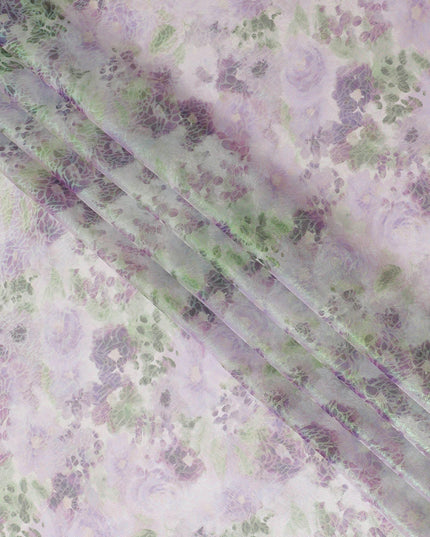 Light lilac Premium pure silk chiffon fabric with multicolor print having neon green metallic lurex in floral design-D15467