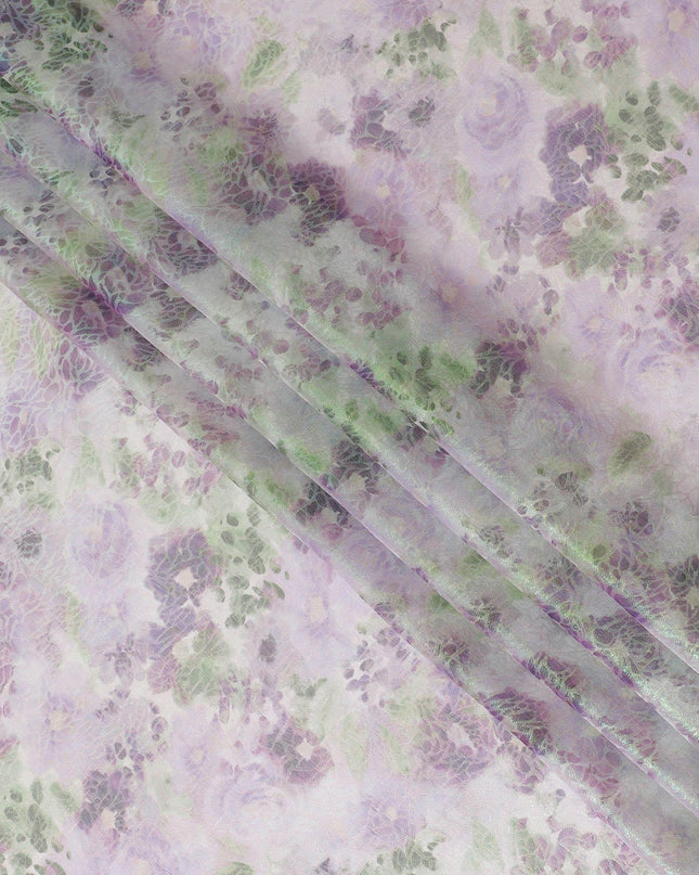 Light lilac Premium pure silk chiffon fabric with multicolor print having neon green metallic lurex in floral design-D15467