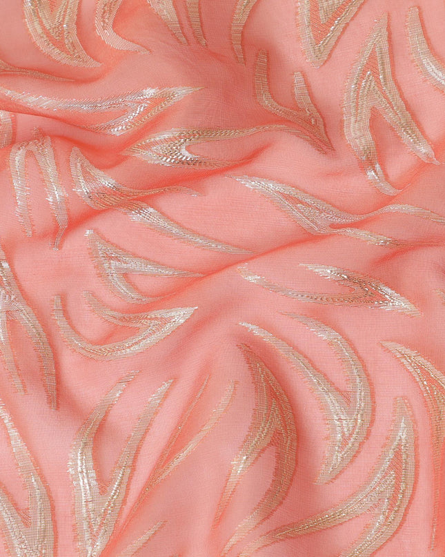 قماش شيفون من الحرير الخالص باللون البرتقالي اليوسفي مع لوريكس معدني ذهبي بتصميم تجريدي -D14158