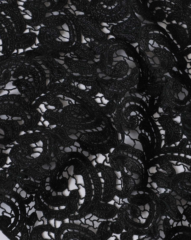 Black guipure lace fabric with same tone metallic weave in fancy design-D11783
