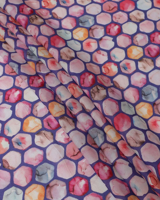Purplish blue synthetic georgette fabric with multicolor print in geometric design-DD13314 Regal Fabrics