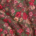Sienna Brown silk crepe fabric with forest green, magenta pink and peach print in floral design-D8403