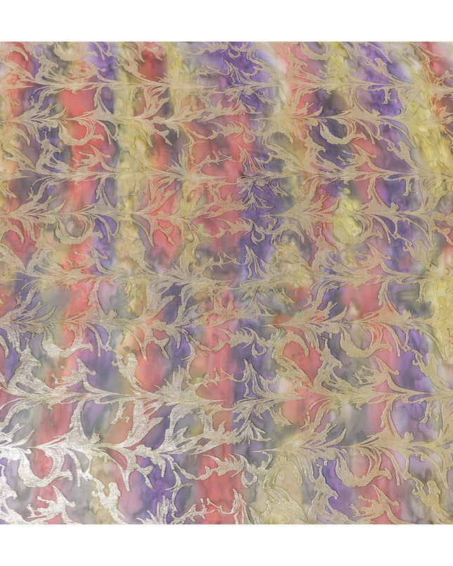 شيفون من الحرير الخالص متعدد الألوان مع لوريكس معدني ذهبي بتصميم أوراق الشجر -D11386