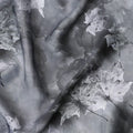 Fog grey synthetic satin fabric with same tone, off white and black print in floral design-D10275 Regal Fabrics