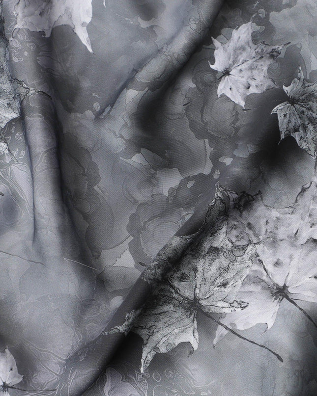 Fog grey synthetic satin fabric with same tone, off white and black print in floral design-D10275 Regal Fabrics