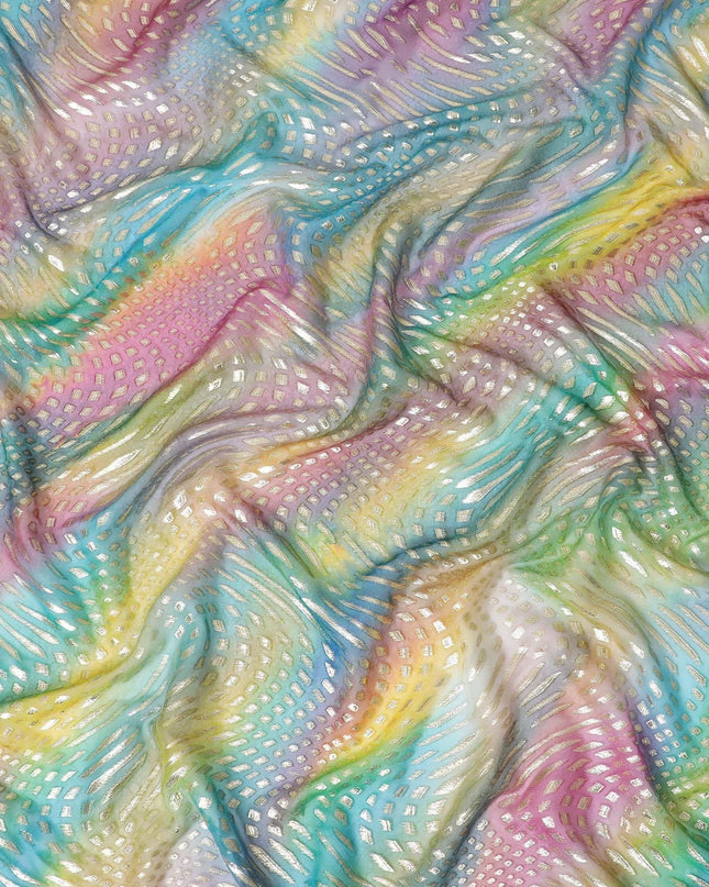 قماش شيفون حريري خالص مطبوع متعدد الألوان مع لوركس معدني ذهبي وفضي بتصميم تجريدي-D12431