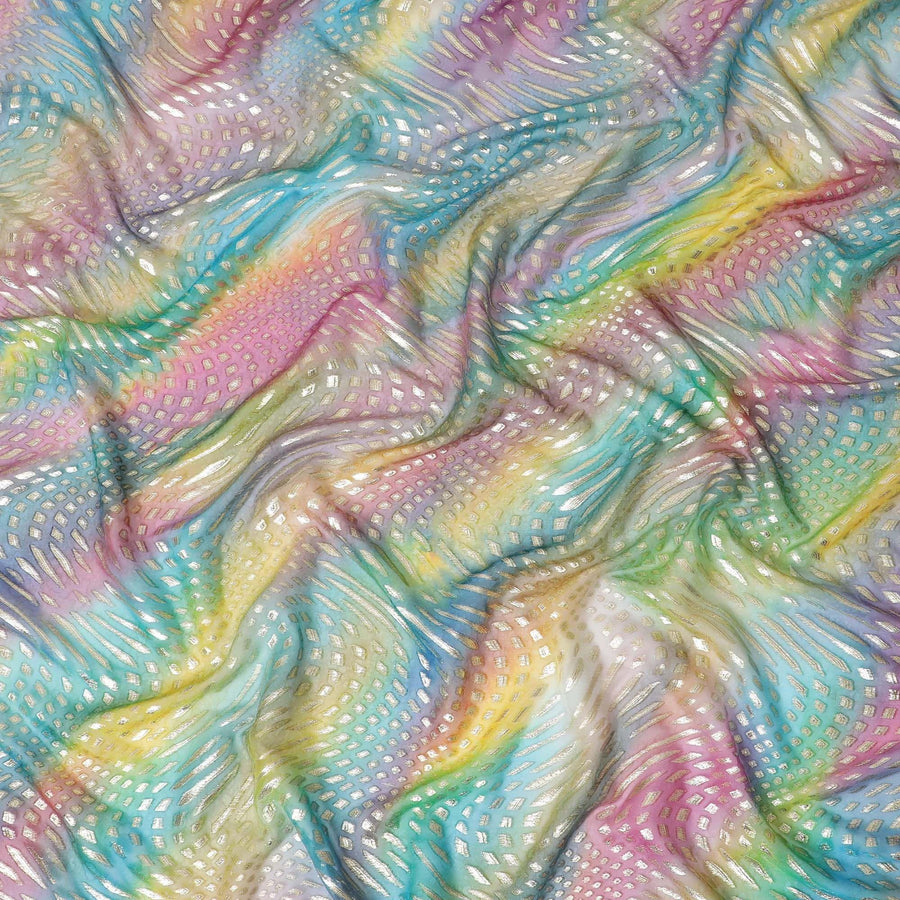 قماش شيفون حريري خالص مطبوع متعدد الألوان مع لوركس معدني ذهبي وفضي بتصميم تجريدي-D12431