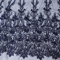 Navy blue nylon tulle fabric with same tone embroidery in floral design-D11746
