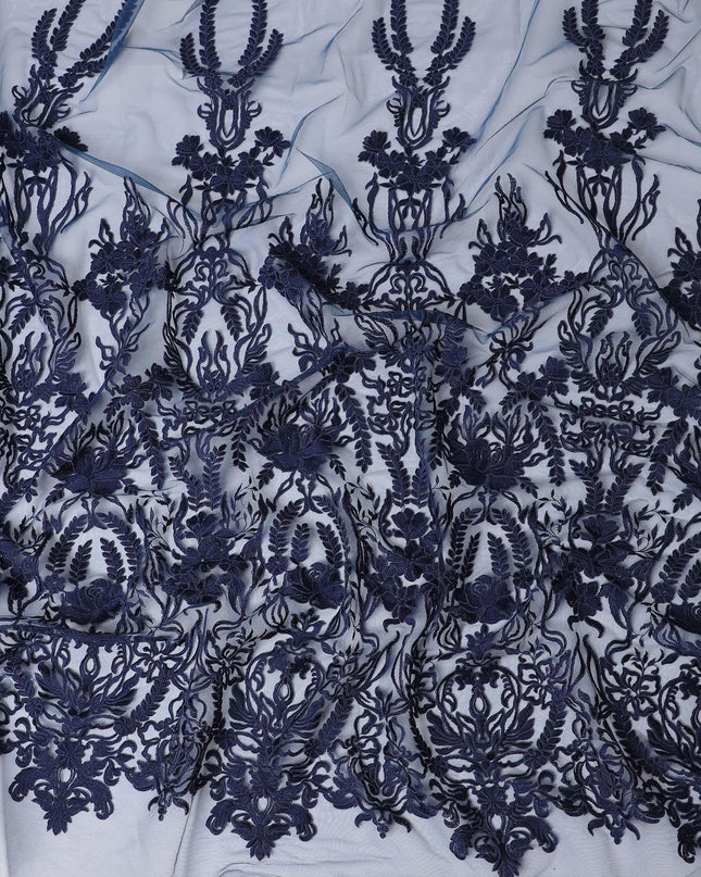 Navy blue nylon tulle fabric with same tone embroidery in floral design-D11746 Regal Fabrics
