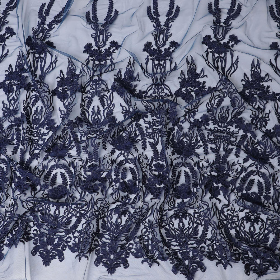 Navy blue nylon tulle fabric with same tone embroidery in floral design-D11746