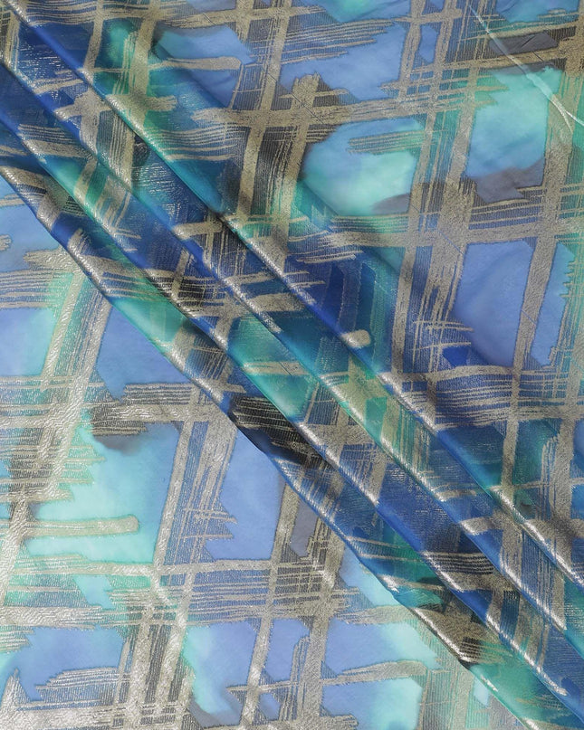 Blue Premium pure French (Fransawi) silk chiffon fabric with gold metallic lurex in abstract design-D14010