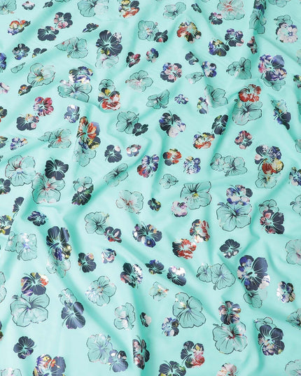 Vista blue cotton voile fabric with multicolor metallic foil print in floral design-D6750