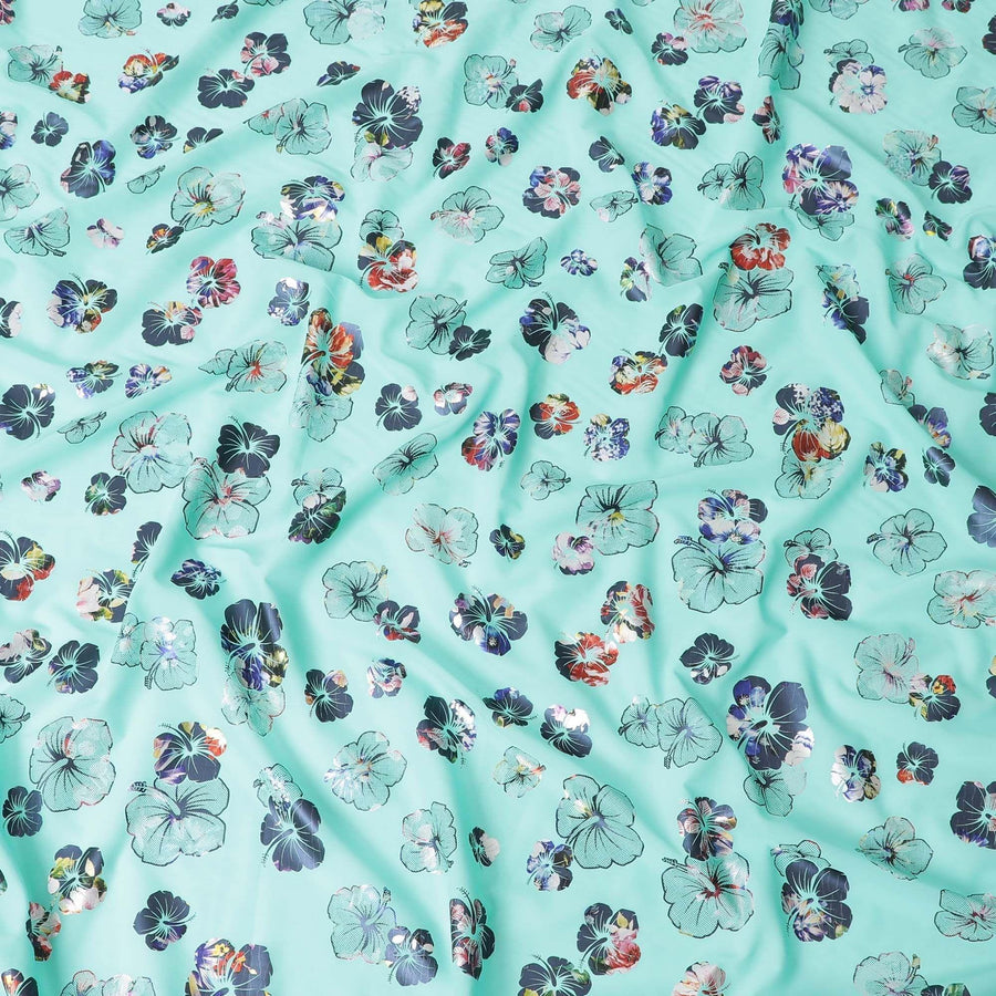 Vista blue cotton voile fabric with multicolor metallic foil print in floral design-D6750