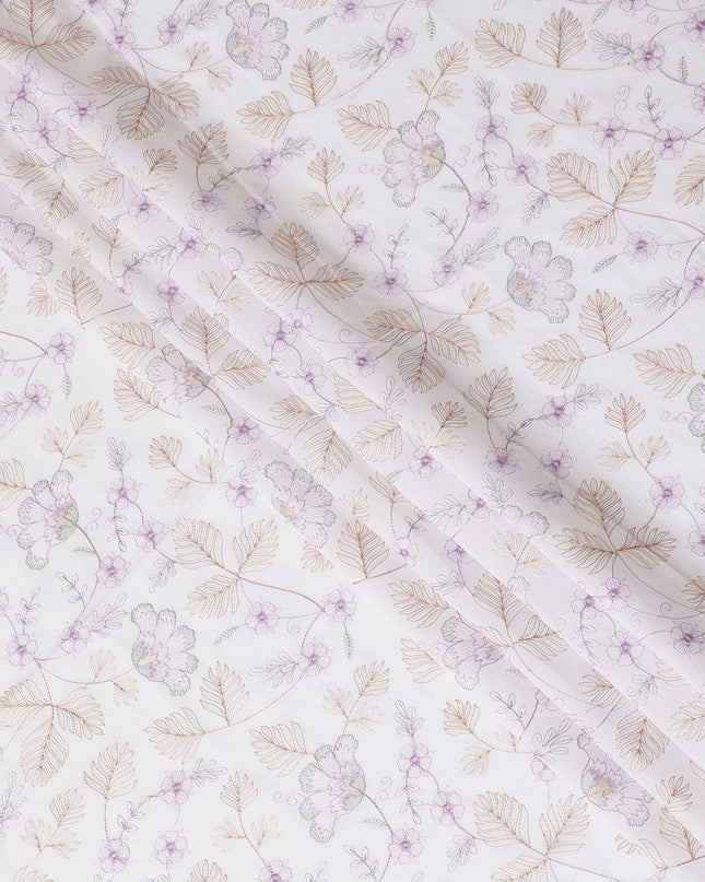 قماش فوال من القطن الخالص الأبيض الفاخر مع تطريز باللون البني والخزامى بتصميم الأزهار-D15231